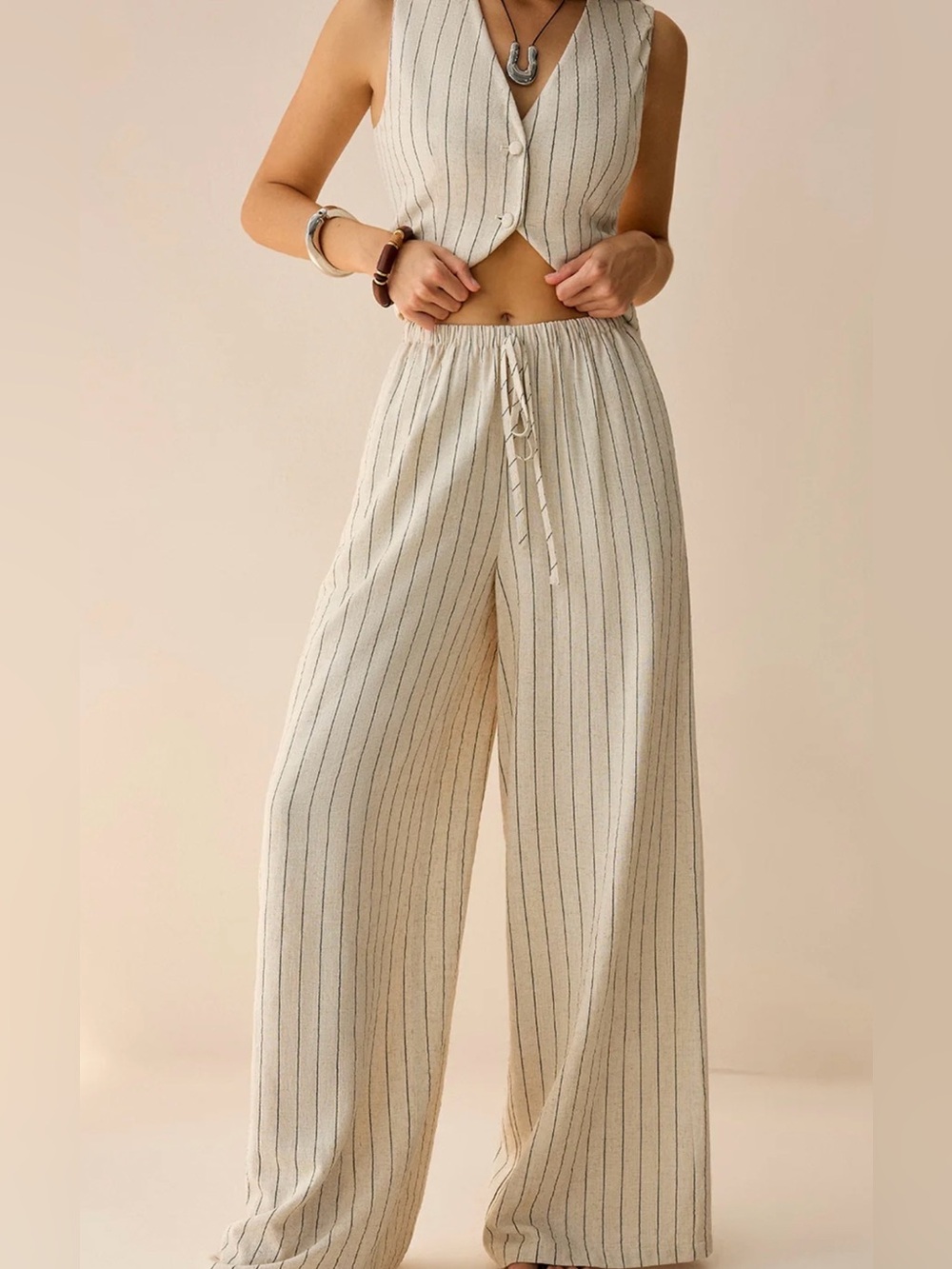 Commense Cream Pinstripe Wide-Leg Jumpsuit sleeveless NWT - Picture 4 of 4